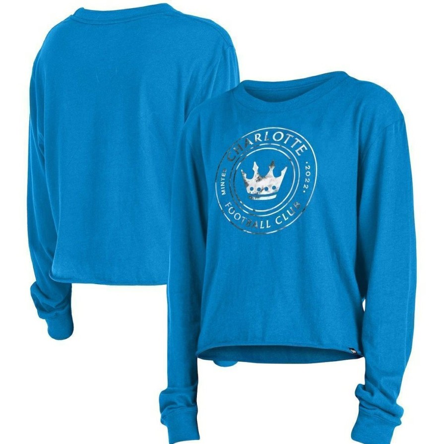 Men'S Clothing * | Best Reviews Of Women'S 5Th & Ocean By New Era Charlotte Fc Cropped Long Sleeve T-Shirt Blue