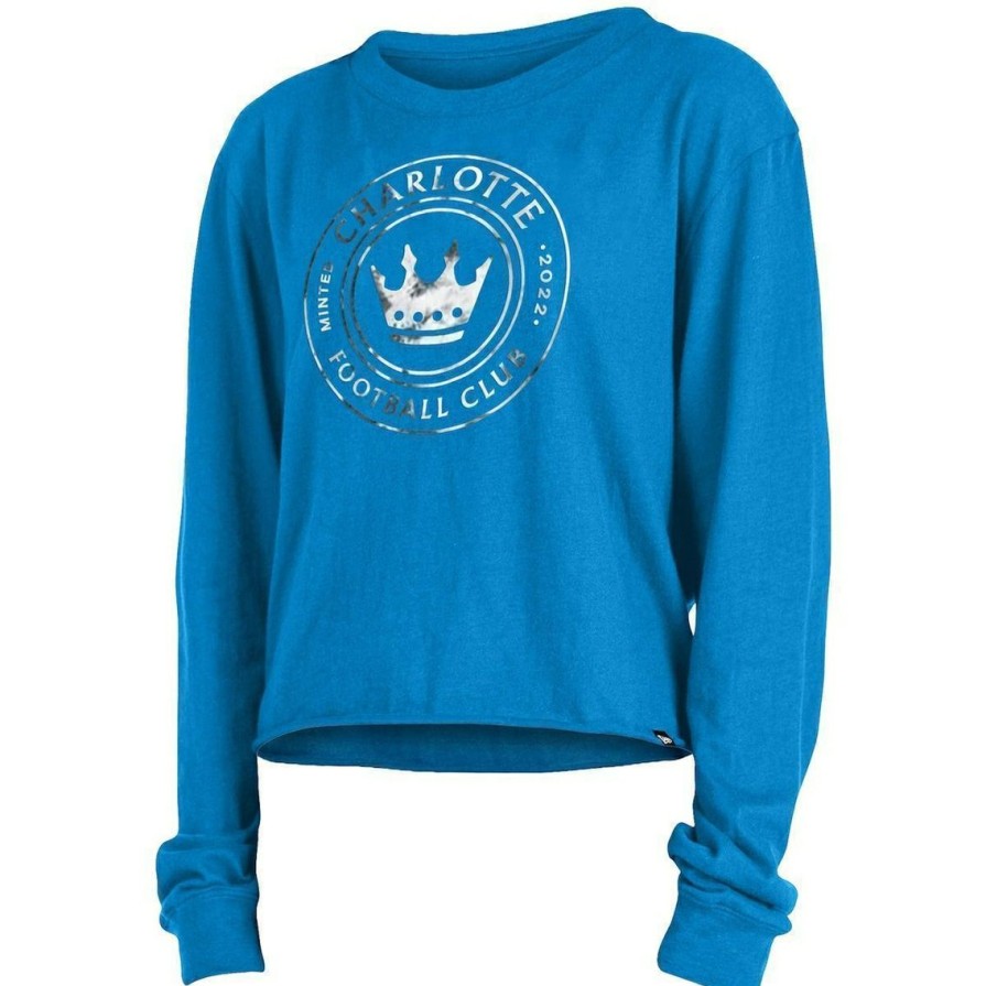 Men'S Clothing * | Best Reviews Of Women'S 5Th & Ocean By New Era Charlotte Fc Cropped Long Sleeve T-Shirt Blue