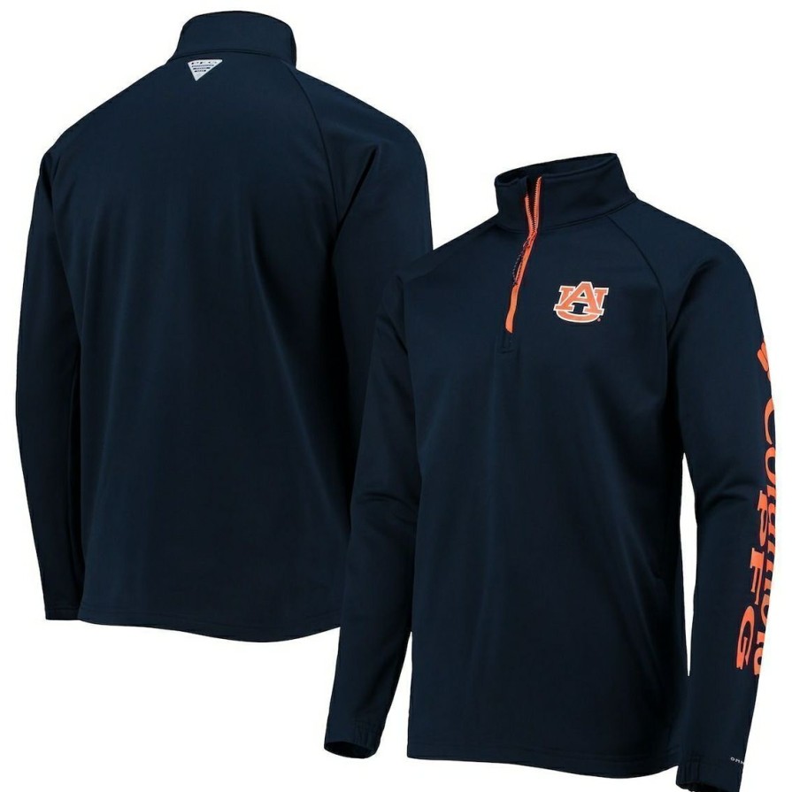 Men'S Clothing * | Cheap Men'S Columbia Auburn Tigers Terminal Tackle Fleece Raglan Omni-Shade Quarter-Zip Jacket Navy