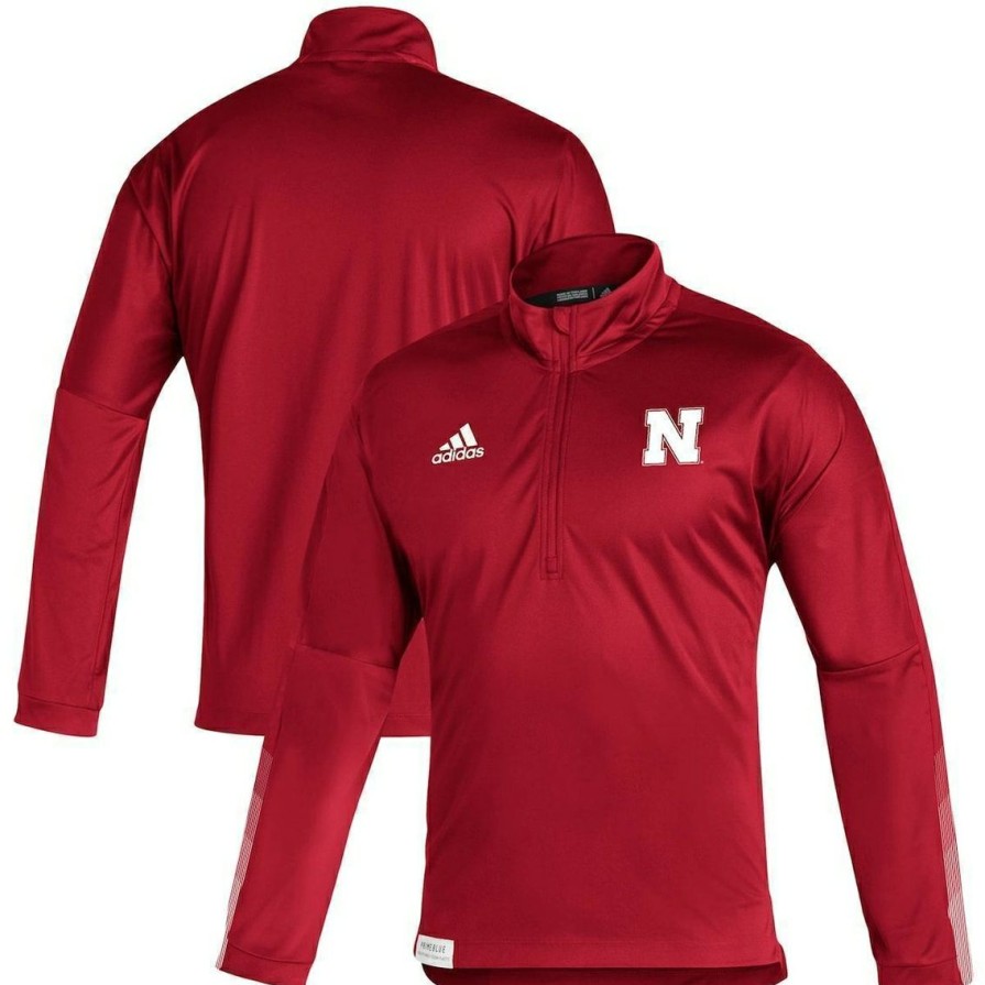 Men'S Clothing * | Best Pirce Men'S Adidas Nebraska Huskers 2021 Sideline Primeblue Quarter-Zip Jacket Scarlet