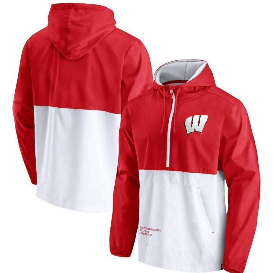 Men'S Clothing * | Flash Sale Men'S Fanatics Branded /White Wisconsin Badgers Thrill Seeker Half-Zip Hoodie Anorak Jacket Red