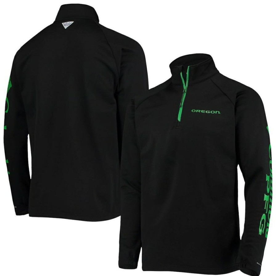 Men'S Clothing * | Top 10 Men'S Columbia Oregon Ducks Terminal Tackle Fleece Raglan Omni-Shade Quarter-Zip Jacket Black