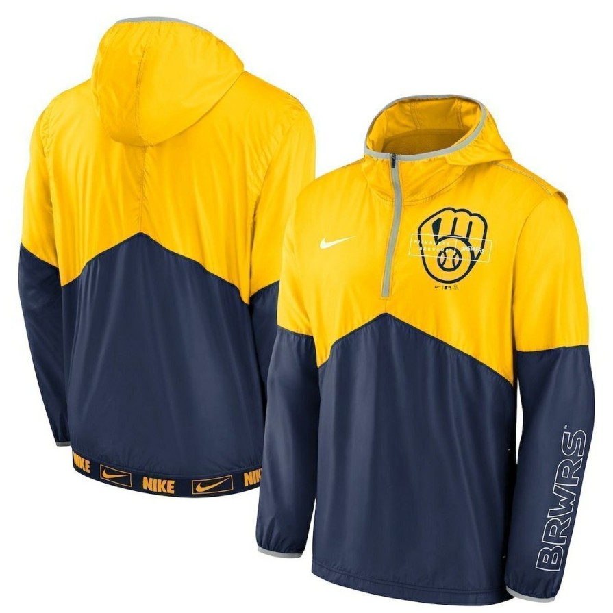 Men'S Clothing * | Coupon Men'S Nike /Navy Milwaukee Brewers Overview Half-Zip Hoodie Jacket Gold