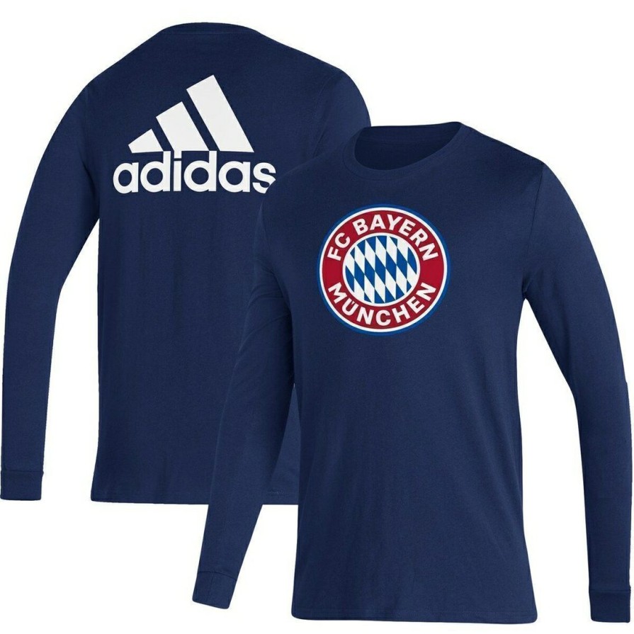 Men'S Clothing * | New Men'S Adidas Bayern Munich Three-Stripe Life Crest Long Sleeve T-Shirt Navy