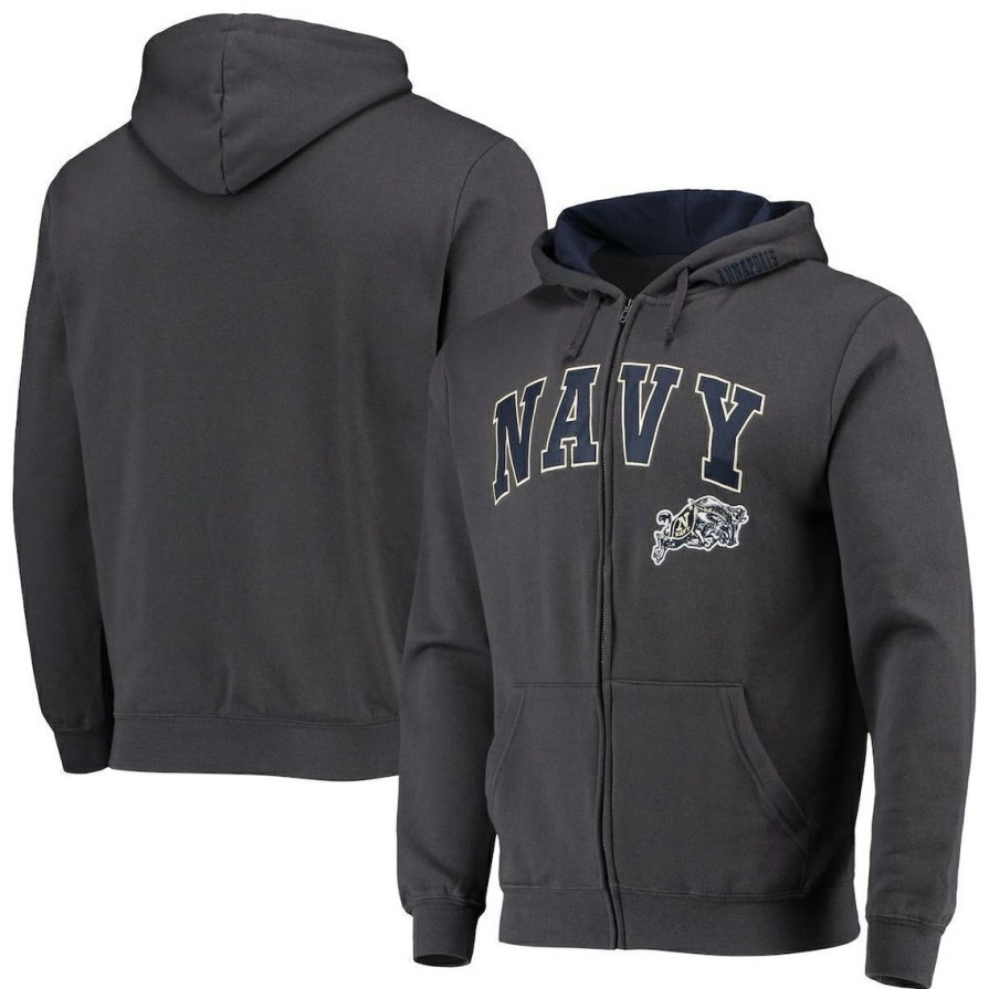 Men'S Clothing * | Wholesale Men'S Colosseum Navy Midshipmen Arch & Logo 3.0 Full-Zip Hoodie Charcoal