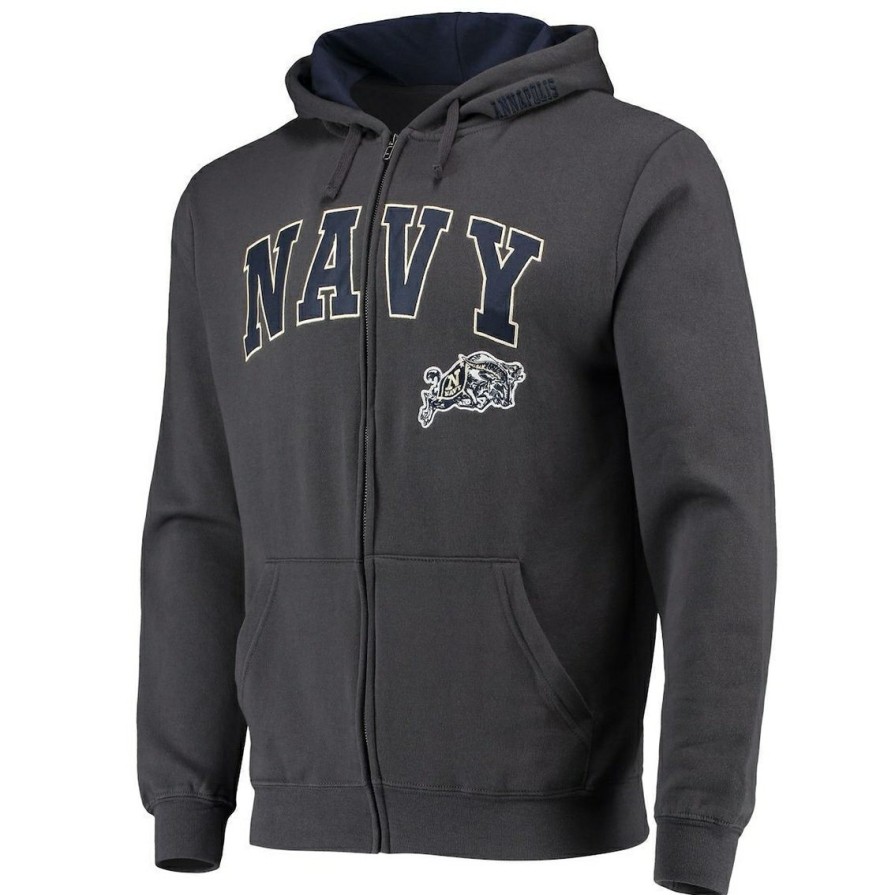 Men'S Clothing * | Wholesale Men'S Colosseum Navy Midshipmen Arch & Logo 3.0 Full-Zip Hoodie Charcoal