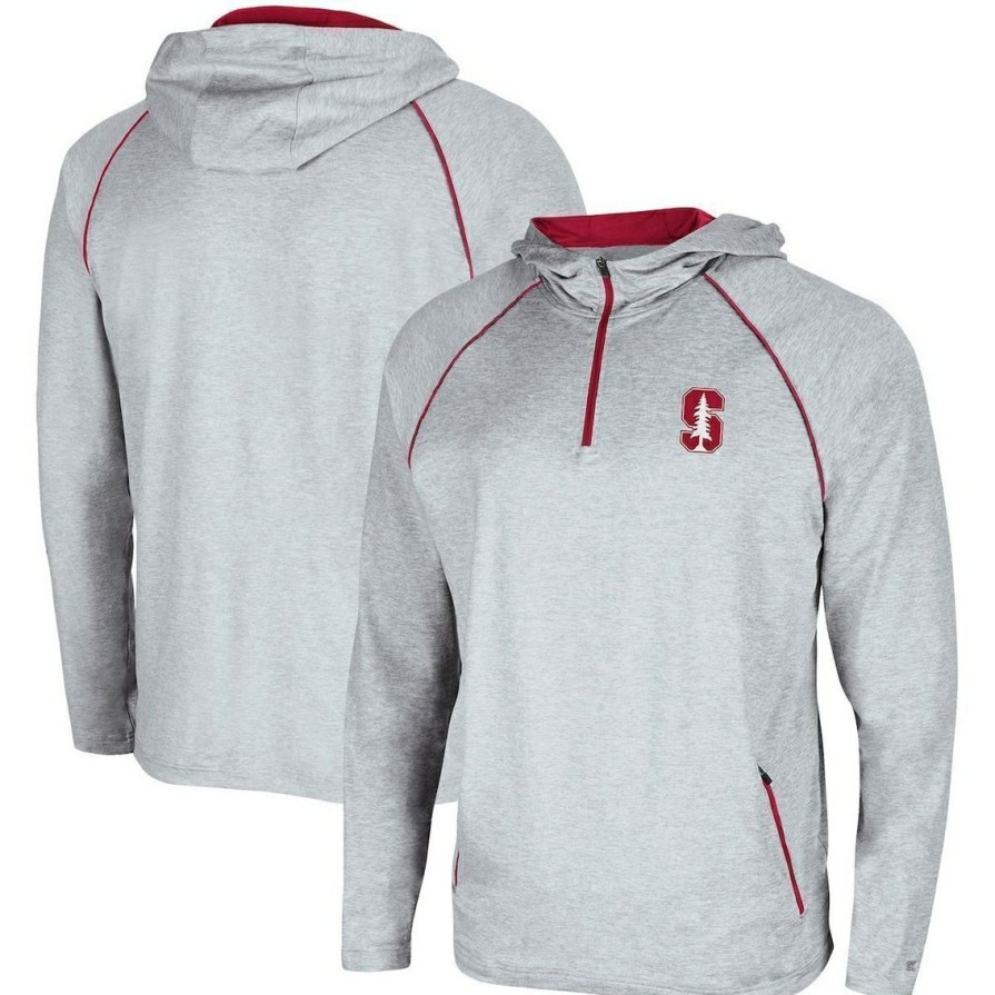 Men'S Clothing * | Deals Men'S Colosseum Heathered Stanford Cardinal Timeline Raglan Quarter-Zip Hoodie Gray