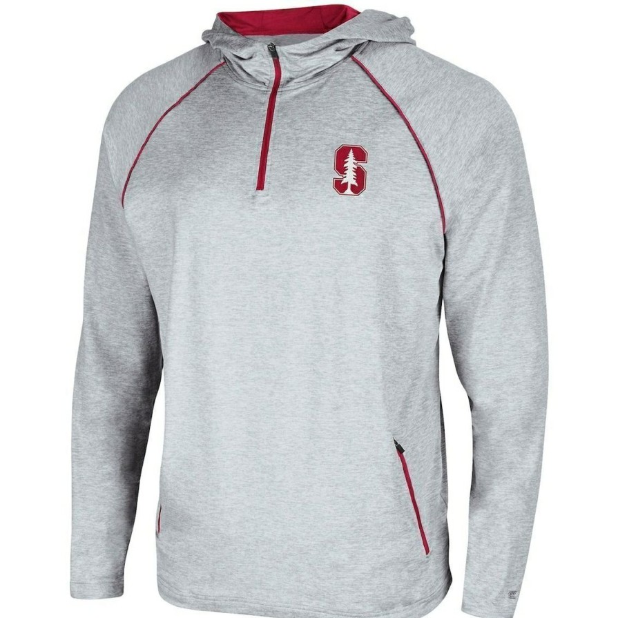 Men'S Clothing * | Deals Men'S Colosseum Heathered Stanford Cardinal Timeline Raglan Quarter-Zip Hoodie Gray