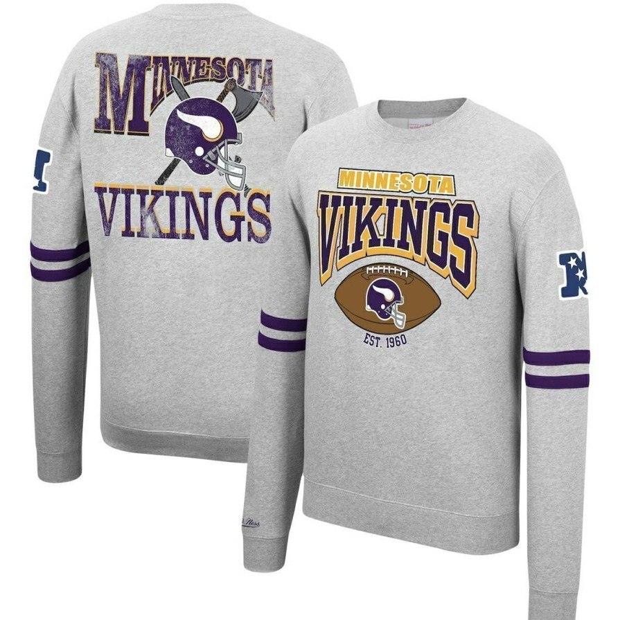 Men'S Clothing * | Budget Men'S Mitchell & Ness Heathered Gray Minnesota Vikings Allover Print Fleece Pullover Sweatshirt Heather Gray