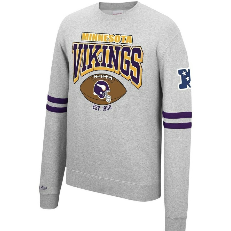 Men'S Clothing * | Budget Men'S Mitchell & Ness Heathered Gray Minnesota Vikings Allover Print Fleece Pullover Sweatshirt Heather Gray