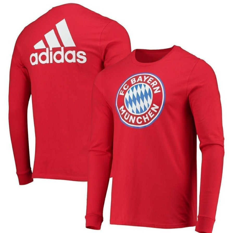 Men'S Clothing * | Hot Sale Men'S Adidas Bayern Munich Three-Stripe Life Crest Long Sleeve T-Shirt Red