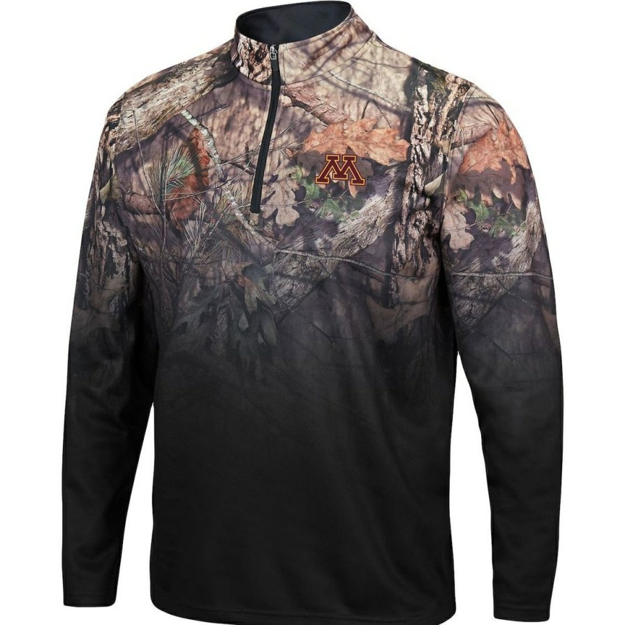 Men'S Clothing * | Outlet Men'S Colosseum Minnesota Golden Gophers Mossy Oak Fleet Ii Quarter-Zip Jacket Black