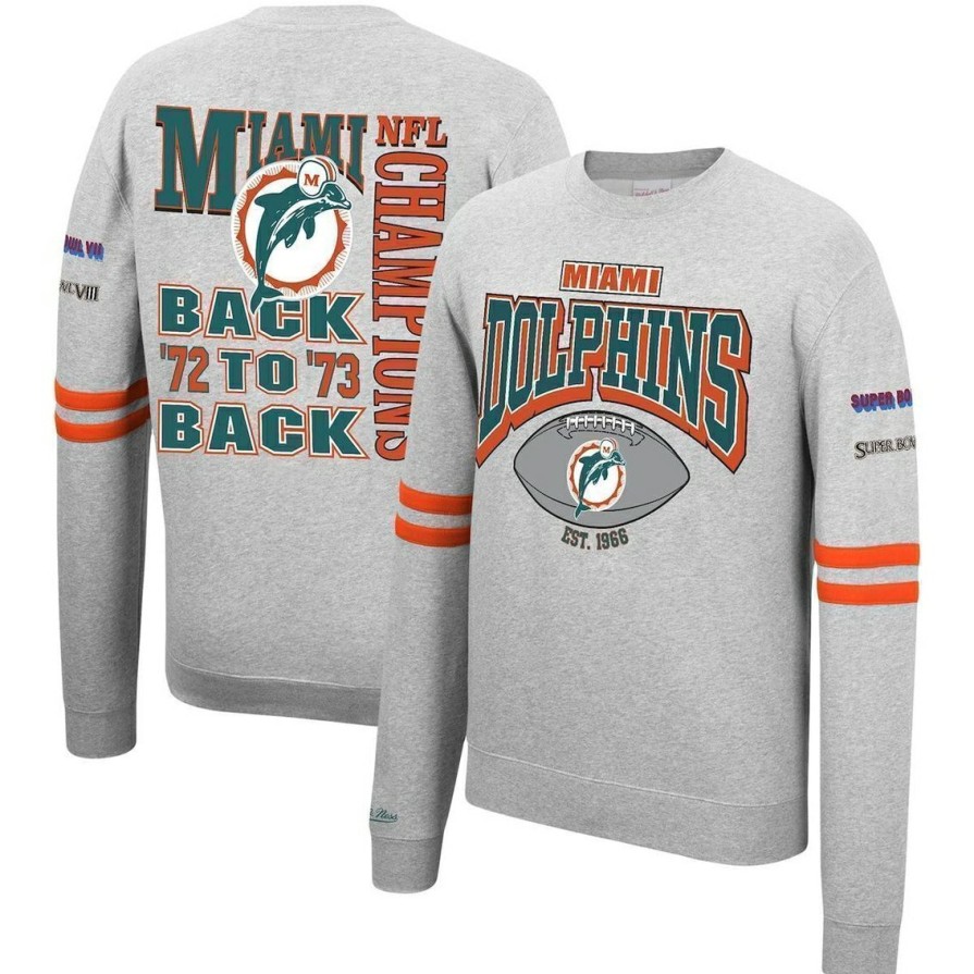 Men'S Clothing * | Outlet Men'S Mitchell & Ness Heathered Gray Miami Dolphins Allover Print Fleece Pullover Sweatshirt Heather Gray