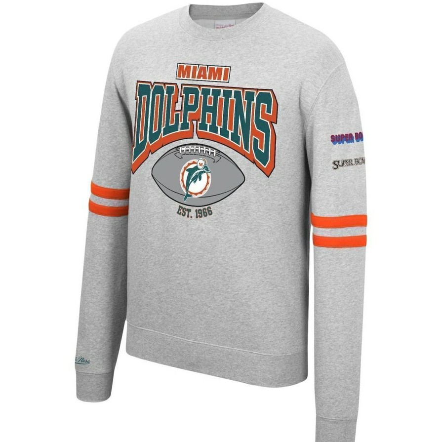 Men'S Clothing * | Outlet Men'S Mitchell & Ness Heathered Gray Miami Dolphins Allover Print Fleece Pullover Sweatshirt Heather Gray