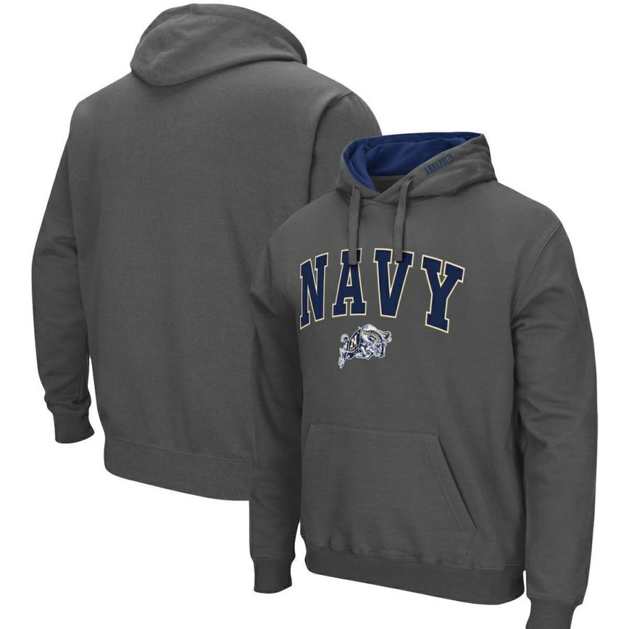 Men'S Clothing * | Discount Men'S Colosseum Navy Midshipmen Arch & Logo 3.0 Pullover Hoodie Charcoal