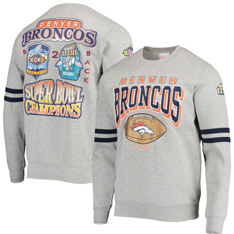 Men'S Clothing * | Top 10 Men'S Mitchell & Ness Heathered Gray Denver Broncos Allover Print Fleece Pullover Sweatshirt Heather Gray