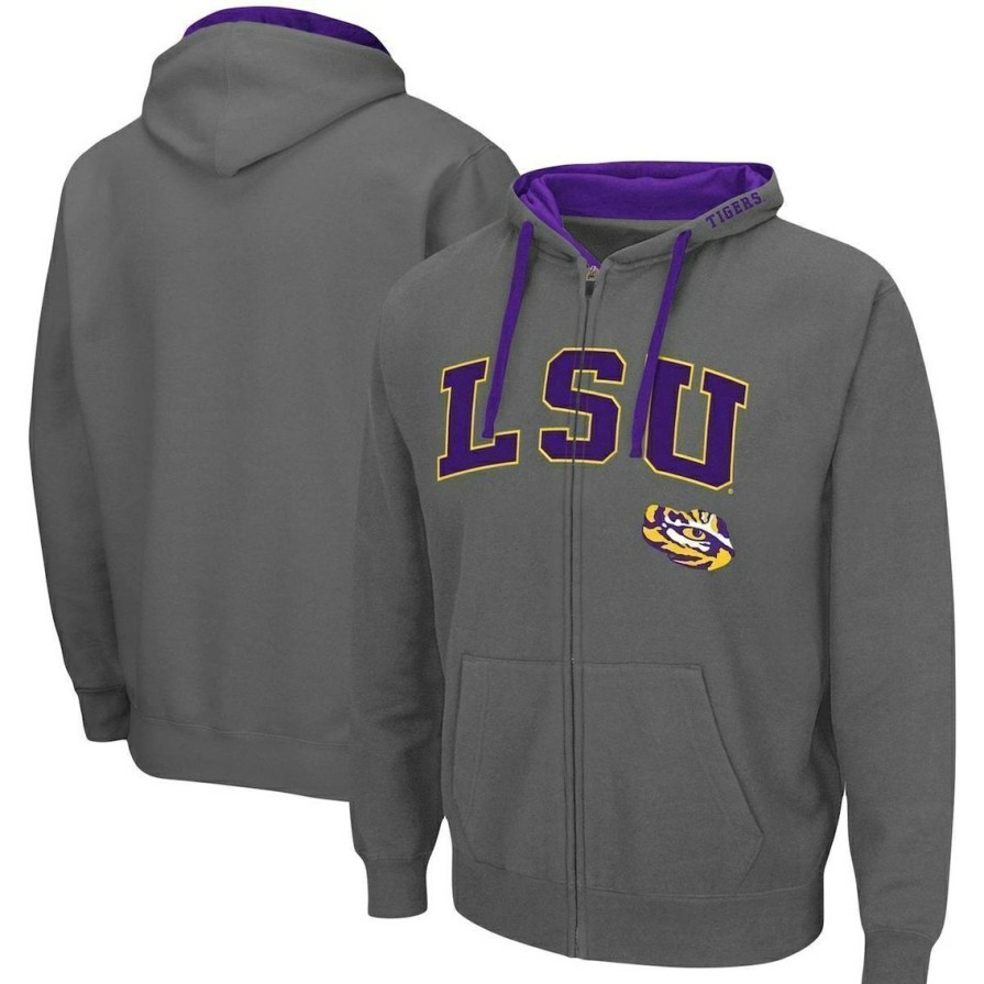 Men'S Clothing * | Promo Men'S Colosseum Lsu Tigers Arch & Logo 2.0 Full-Zip Hoodie Charcoal