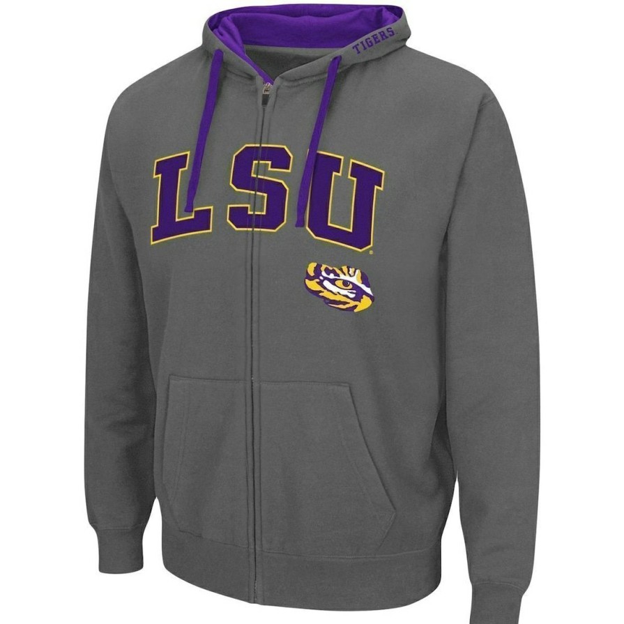 Men'S Clothing * | Promo Men'S Colosseum Lsu Tigers Arch & Logo 2.0 Full-Zip Hoodie Charcoal