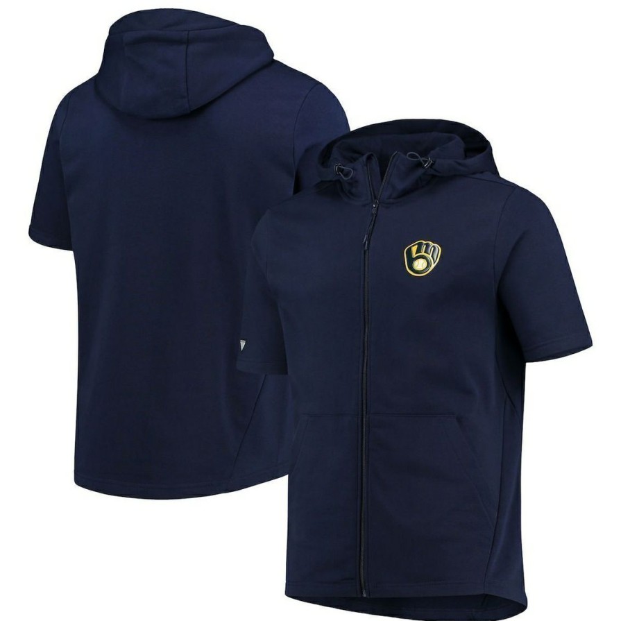 Men'S Clothing * | Wholesale Men'S Levelwear Milwaukee Brewers Insignia Recruit Full-Zip Short Sleeve Hoodie Navy