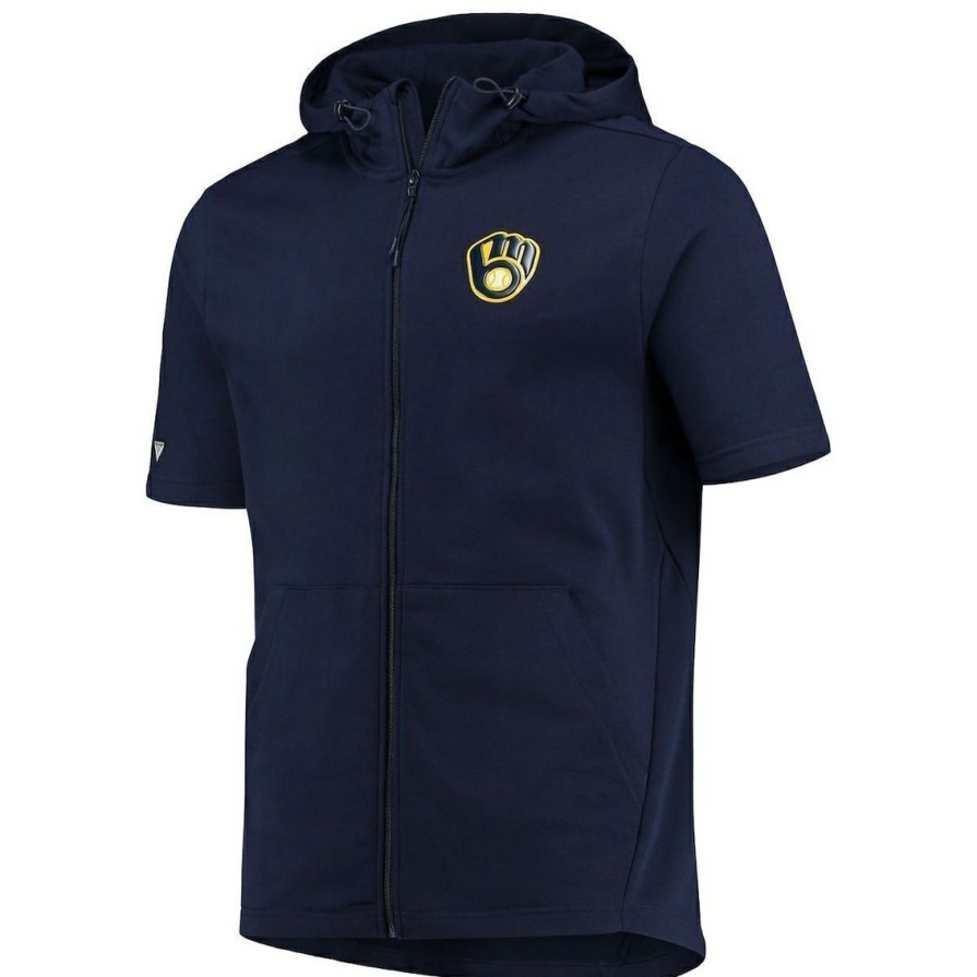 Men'S Clothing * | Wholesale Men'S Levelwear Milwaukee Brewers Insignia Recruit Full-Zip Short Sleeve Hoodie Navy