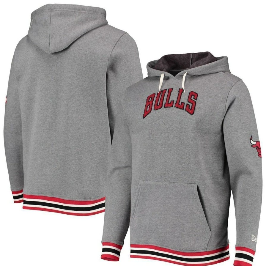 Men'S Clothing * | New Men'S New Era Heathered Gray Chicago Bulls Wordmark Pullover Hoodie Heather Gray