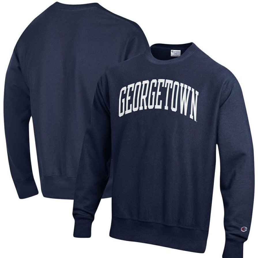 Men'S Clothing * | Brand New Men'S Champion Georgetown Hoyas Arch Reverse Weave Pullover Sweatshirt Navy