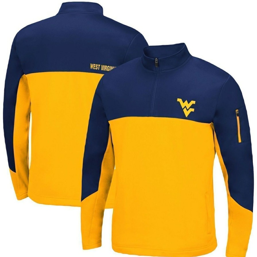 Men'S Clothing * | Best Reviews Of Men'S Colosseum Navy/ West Virginia Mountaineers Triple Dog Dare Quarter-Zip Jacket Gold