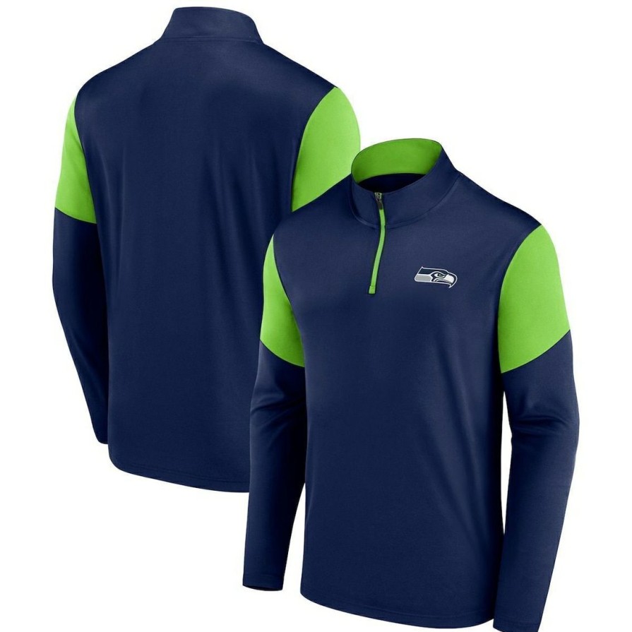 Men'S Clothing * | Flash Sale Men'S Fanatics Branded College Navy/ Green Seattle Seahawks Primary Logo Quarter-Zip Top Neon