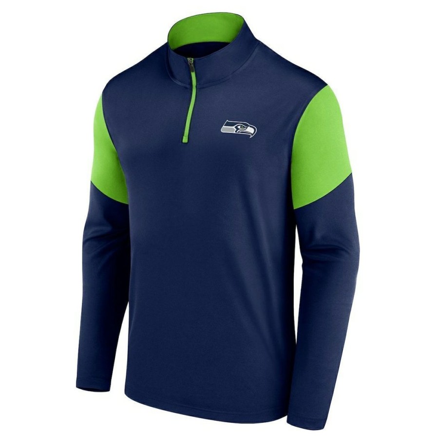 Men'S Clothing * | Flash Sale Men'S Fanatics Branded College Navy/ Green Seattle Seahawks Primary Logo Quarter-Zip Top Neon