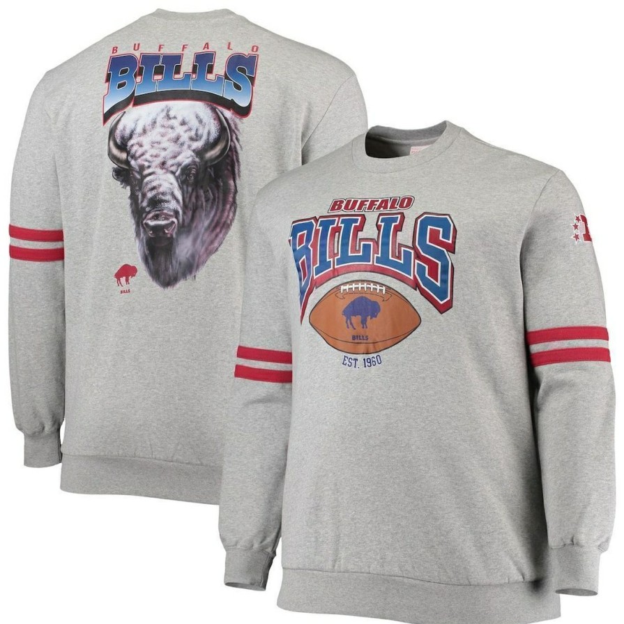 Men'S Clothing * | Top 10 Men'S Mitchell & Ness Heathered Gray Buffalo Bills Big & Tall Allover Print Pullover Sweatshirt Heather Gray