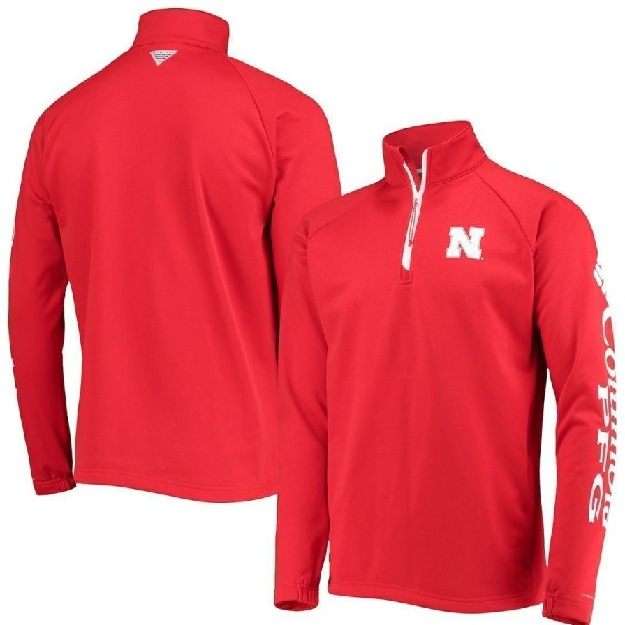 Men'S Clothing * | Best Sale Men'S Columbia Nebraska Huskers Terminal Tackle Fleece Raglan Omni-Shade Quarter-Zip Jacket Scarlet