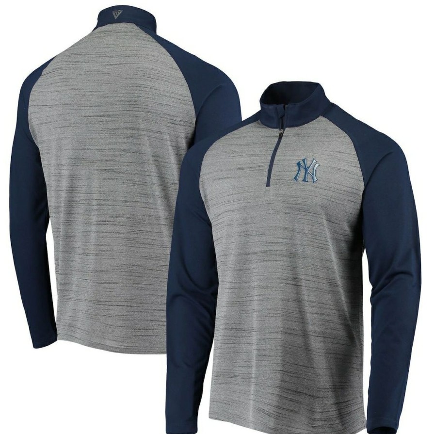 Men'S Clothing * | Deals Men'S Levelwear /Navy New York Yankees Vandal Raglan Quarter-Zip Pullover Jacket Gray