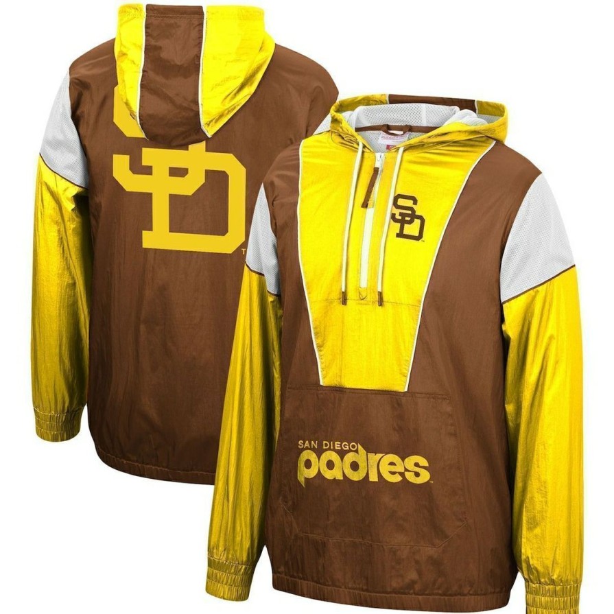 Men'S Clothing * | Outlet Men'S Mitchell & Ness San Diego Padres Highlight Reel Windbreaker Half-Zip Hoodie Jacket Brown