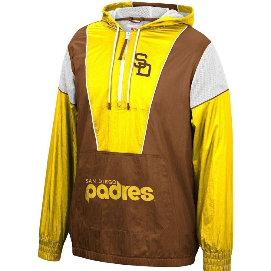 Men'S Clothing * | Outlet Men'S Mitchell & Ness San Diego Padres Highlight Reel Windbreaker Half-Zip Hoodie Jacket Brown