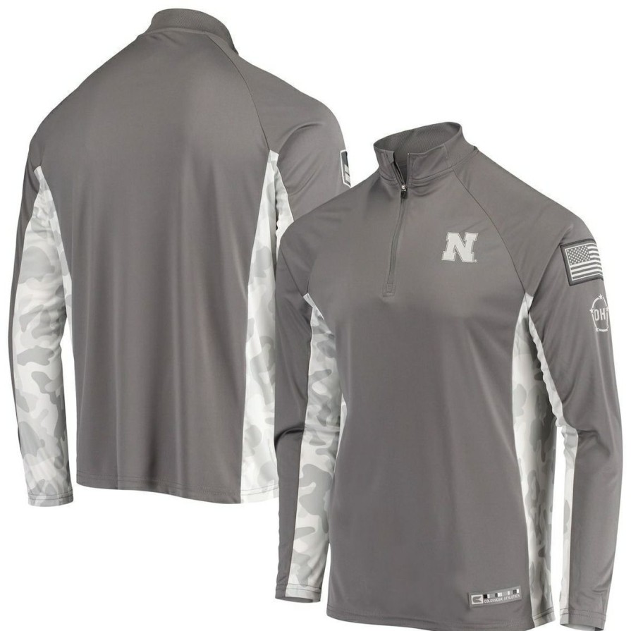 Men'S Clothing * | Buy Men'S Colosseum /Camo Nebraska Huskers Oht Military Appreciation Swoop Quarter-Zip Jacket Gray