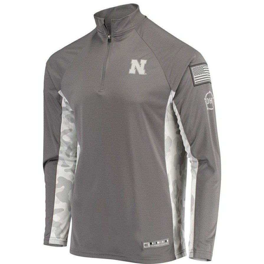 Men'S Clothing * | Buy Men'S Colosseum /Camo Nebraska Huskers Oht Military Appreciation Swoop Quarter-Zip Jacket Gray