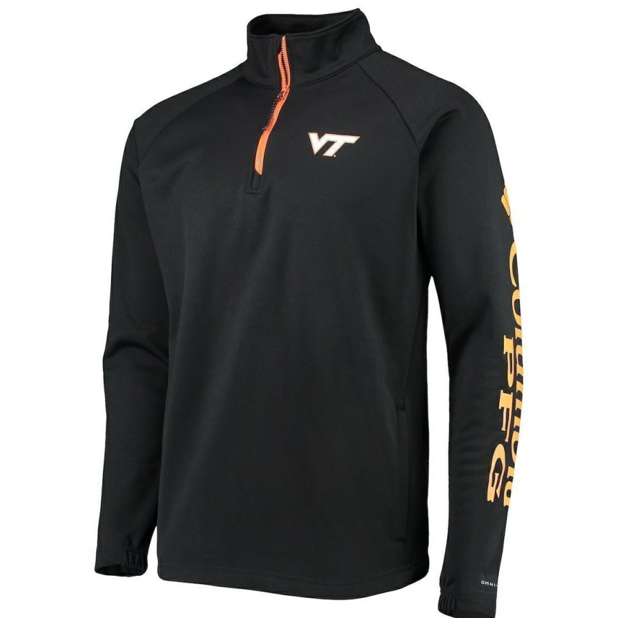 Men'S Clothing * | Hot Sale Men'S Columbia Virginia Tech Hokies Terminal Tackle Fleece Raglan Omni-Shade Quarter-Zip Jacket Black