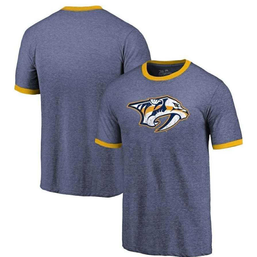 Men'S Clothing * | Best Pirce Men'S Majestic Threads Heathered Navy Nashville Predators Ringer Contrast Tri-Blend T-Shirt Heather Navy