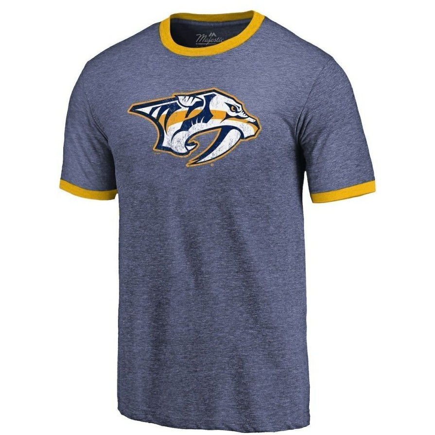 Men'S Clothing * | Best Pirce Men'S Majestic Threads Heathered Navy Nashville Predators Ringer Contrast Tri-Blend T-Shirt Heather Navy