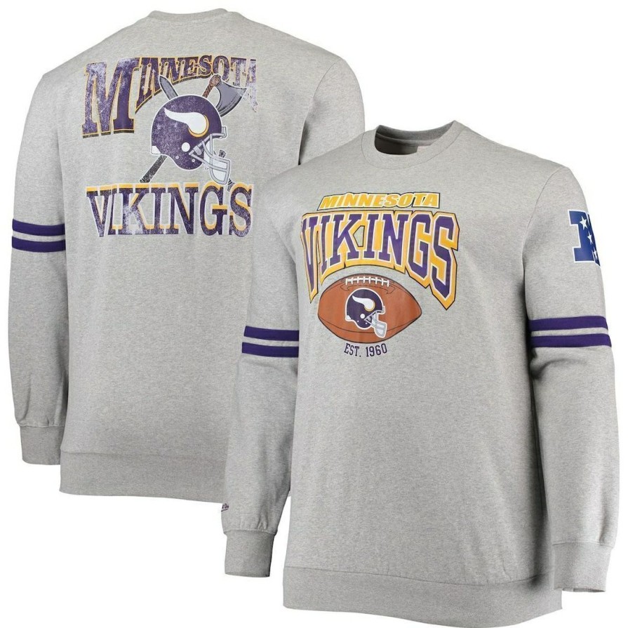 Men'S Clothing * | Promo Men'S Mitchell & Ness Heathered Gray Minnesota Vikings Big & Tall Allover Print Pullover Sweatshirt Heather Gray