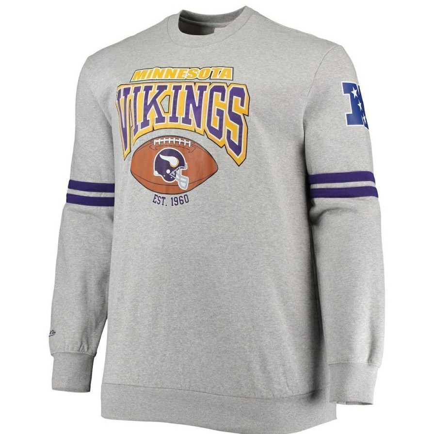 Men'S Clothing * | Promo Men'S Mitchell & Ness Heathered Gray Minnesota Vikings Big & Tall Allover Print Pullover Sweatshirt Heather Gray