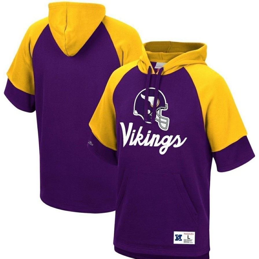 Men'S Clothing * | New Men'S Mitchell & Ness Minnesota Vikings Home Advantage Raglan Short Sleeve Pullover Hoodie Purple