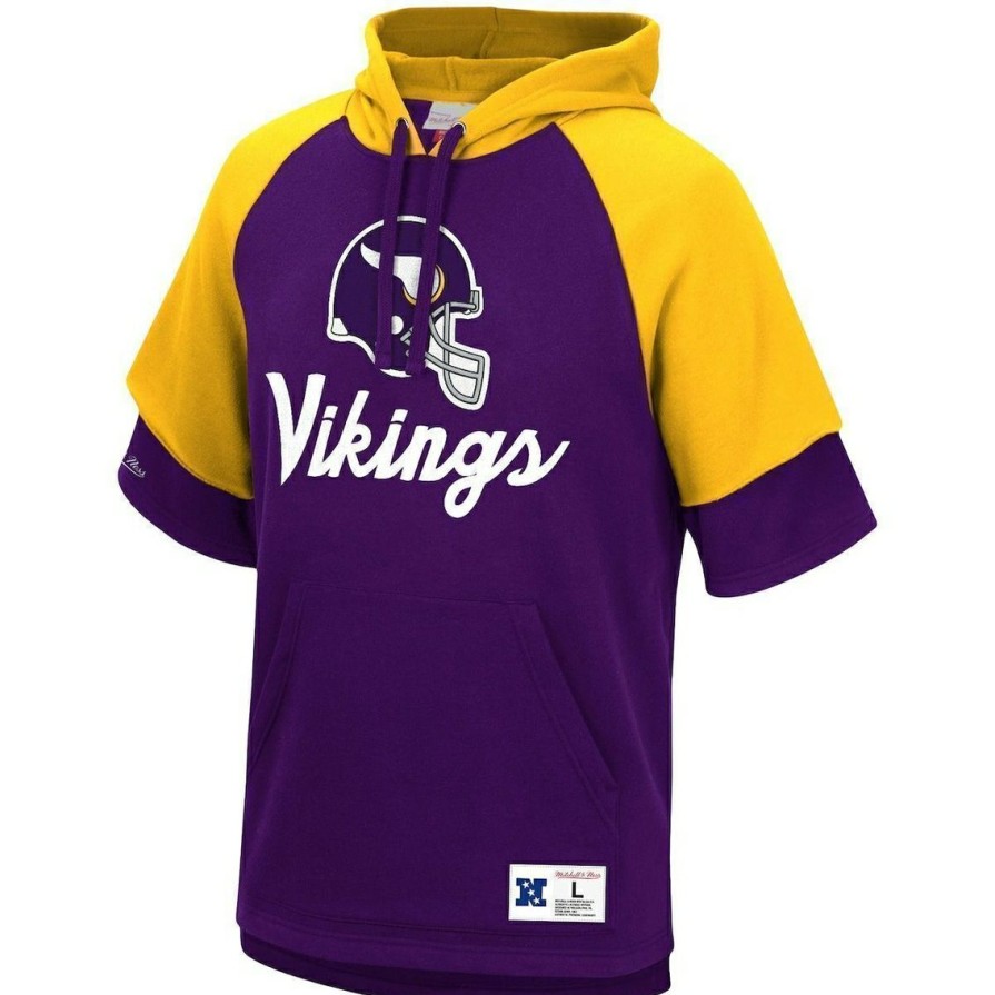 Men'S Clothing * | New Men'S Mitchell & Ness Minnesota Vikings Home Advantage Raglan Short Sleeve Pullover Hoodie Purple