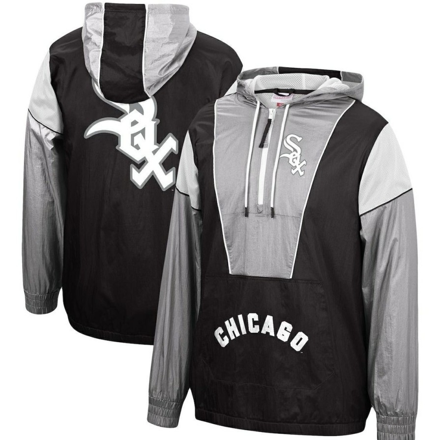 Men'S Clothing * | Coupon Men'S Mitchell & Ness Chicago White Sox Highlight Reel Windbreaker Half-Zip Hoodie Jacket Black