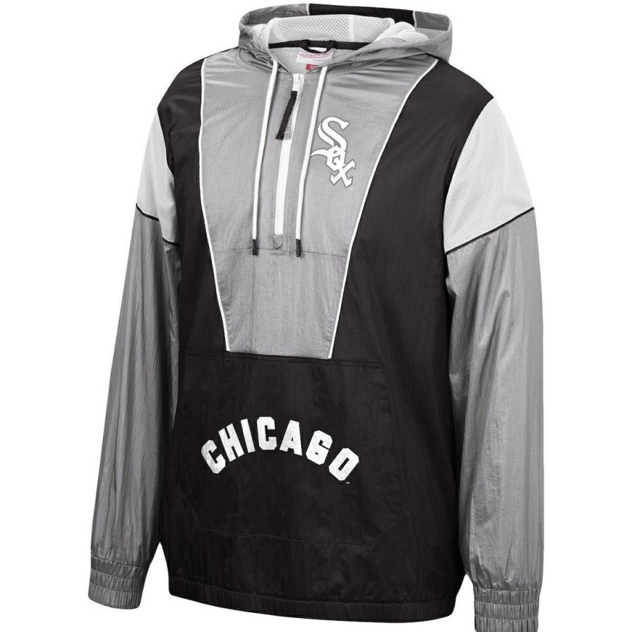 Men'S Clothing * | Coupon Men'S Mitchell & Ness Chicago White Sox Highlight Reel Windbreaker Half-Zip Hoodie Jacket Black