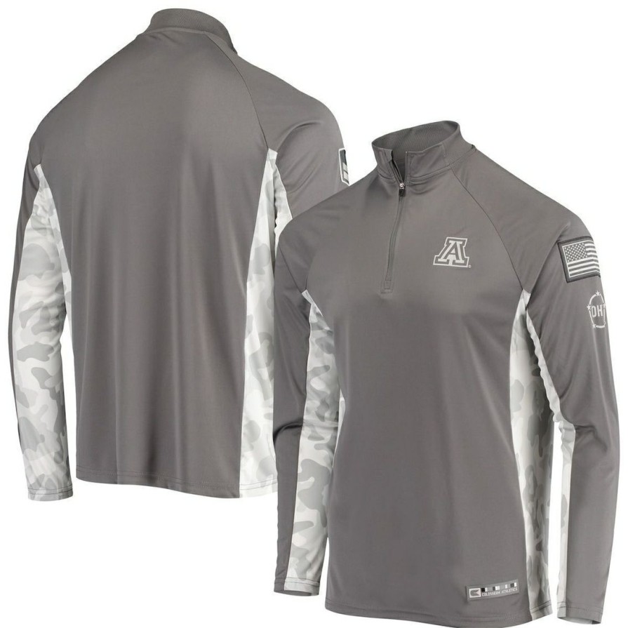 Men'S Clothing * | Outlet Men'S Colosseum /Camo Arizona Wildcats Oht Military Appreciation Swoop Quarter-Zip Jacket Gray