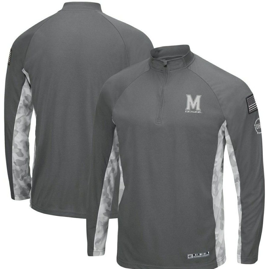 Men'S Clothing * | Promo Men'S Colosseum /Camo Maryland Terrapins Oht Military Appreciation Swoop Quarter-Zip Jacket Gray