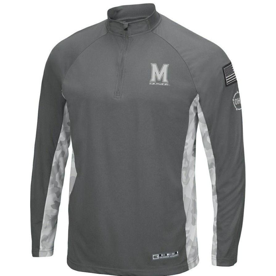 Men'S Clothing * | Promo Men'S Colosseum /Camo Maryland Terrapins Oht Military Appreciation Swoop Quarter-Zip Jacket Gray